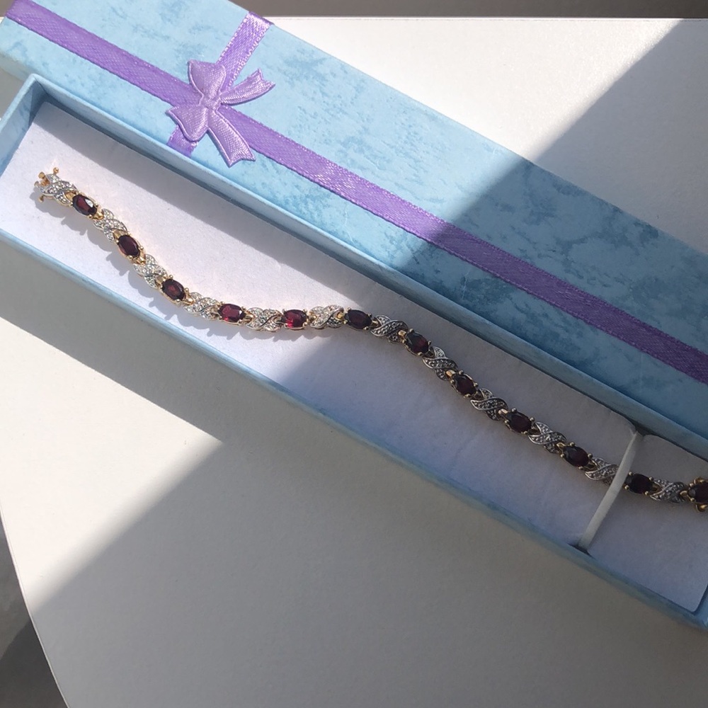 Sterling Natural Garnet Diamond Cut Crossover Vermeil Gold Tennis Bracelet - Picture 6 of 12